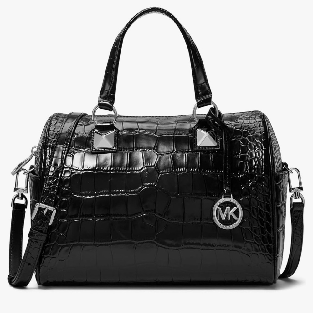 Michael Kors Grayson Md Duffle Satchel, Black CROCODILE minor wear on bottom